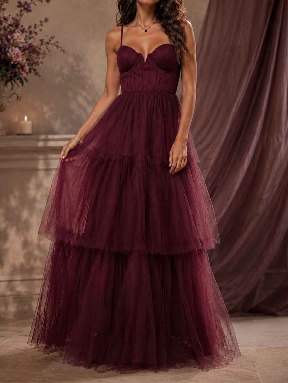 Lulus Unforgettable Poise Plum Tulle Bustier Maxi Dress M Romantic Formal Fairy